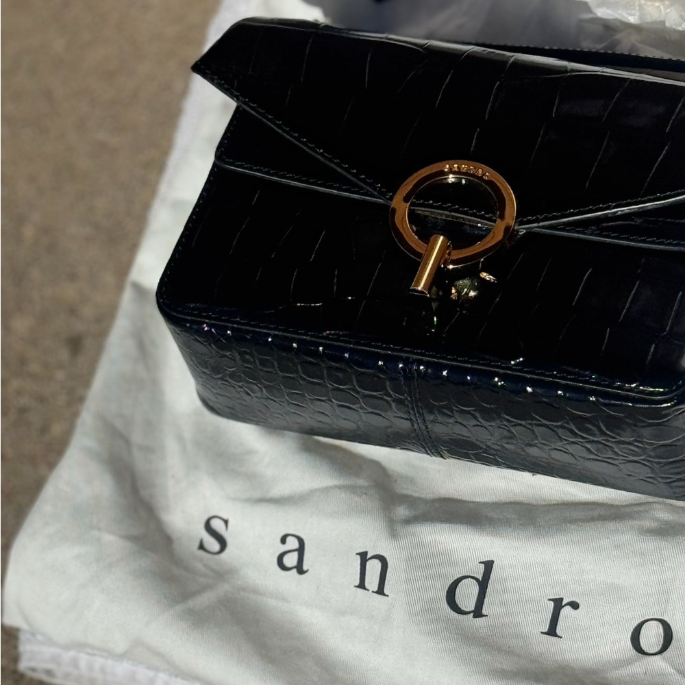 Sandro Black Croc-Embossed Patent Leather Crossbody Bag with Gold Ring Clasp - Picture 16 of 16